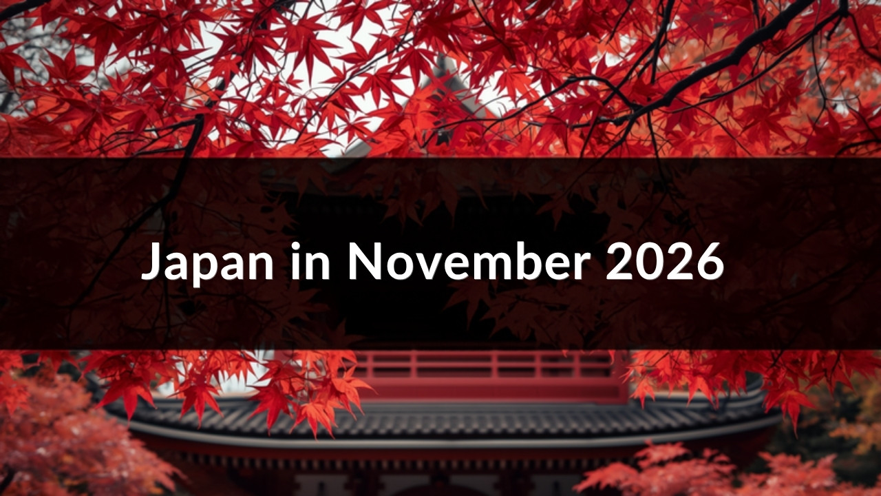 Red Japanese maple leaves around a temple roof in November
