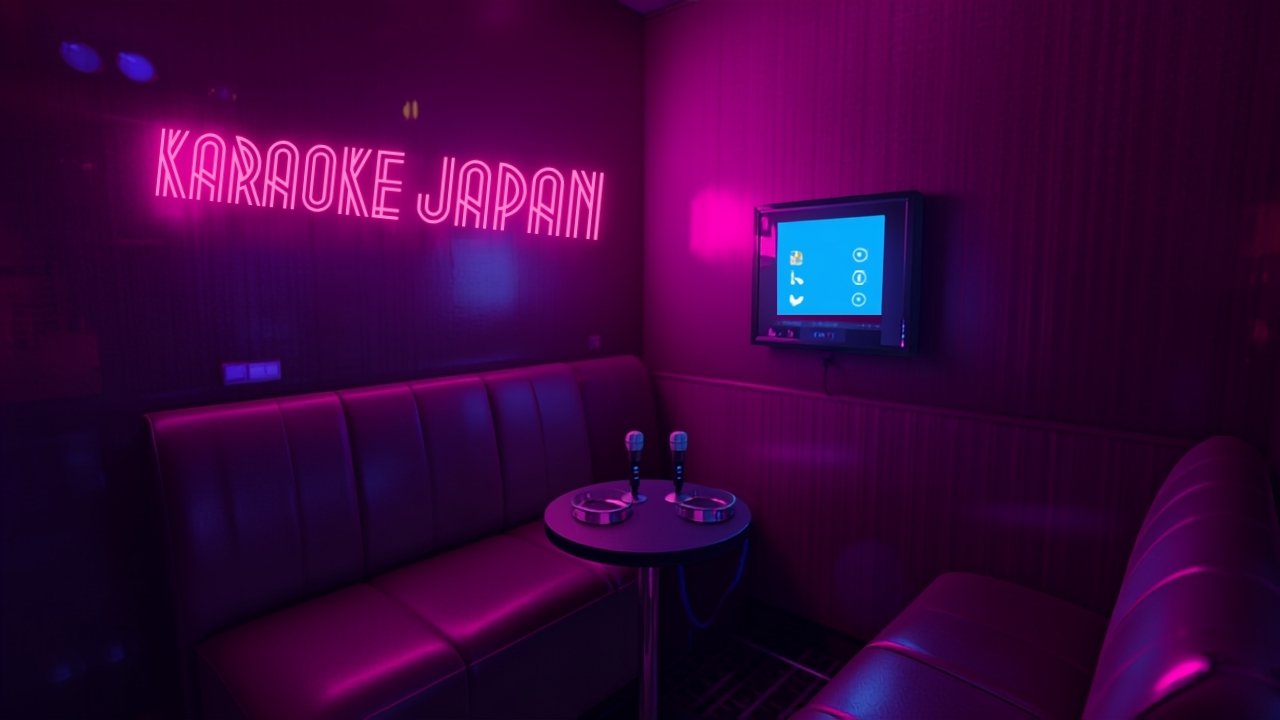 Neon-lit Japanese karaoke private room with song selection screen