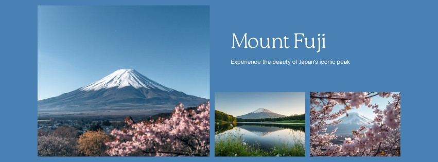 Snow-capped Mount Fuji rising above the clouds with blue sky and hiking trail
