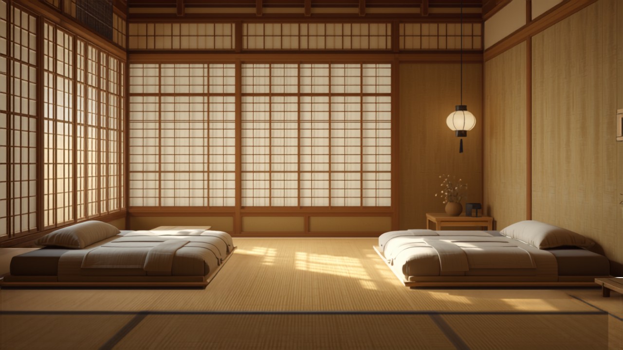 Traditional Japanese ryokan inn tatami room and onsen guide