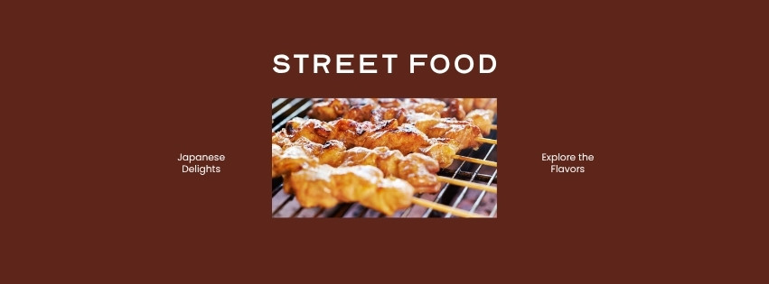 Japanese street food stalls with takoyaki, yakitori skewers, and market vendors