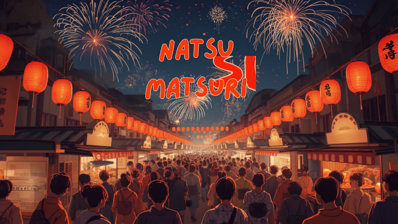 People in yukata enjoying Japanese summer festival fireworks and yatai stalls
