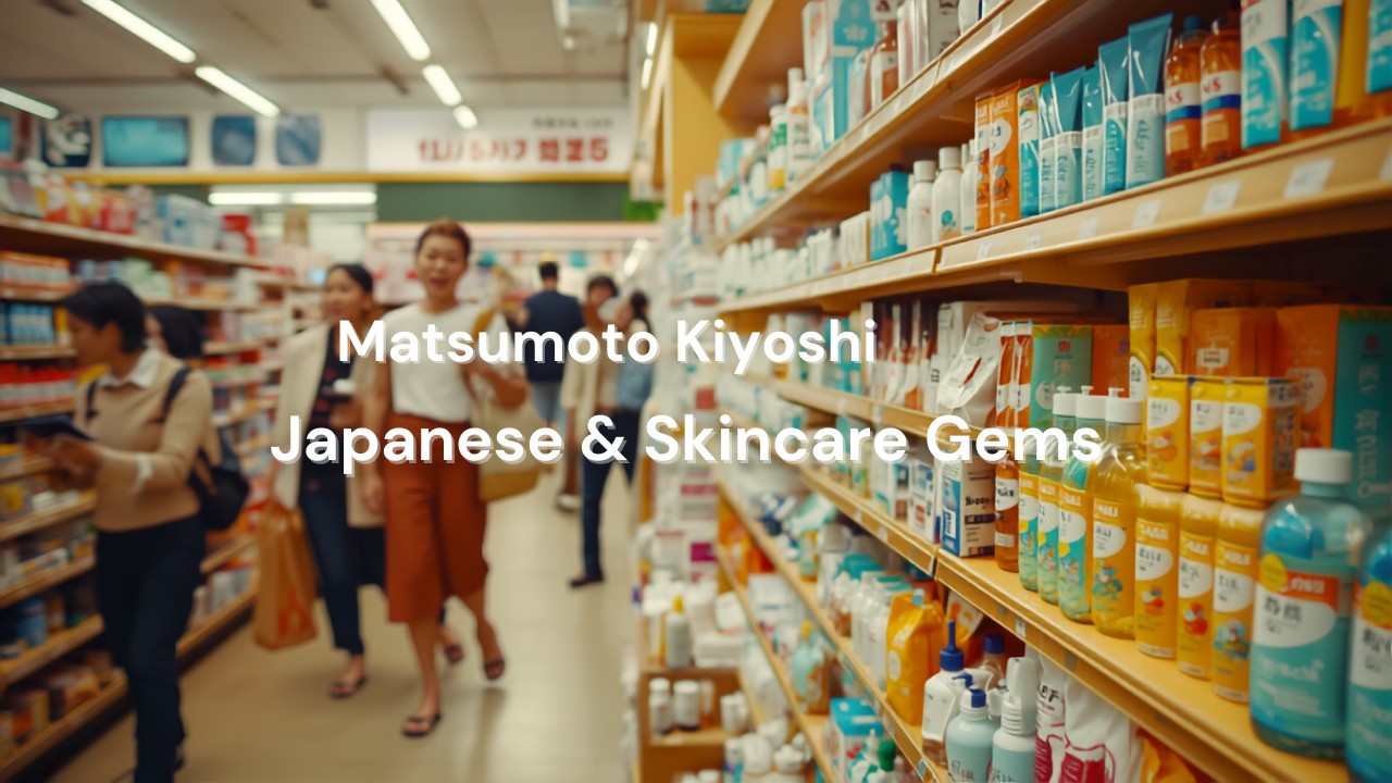Japanese drugstore shelves with skincare products and cosmetics