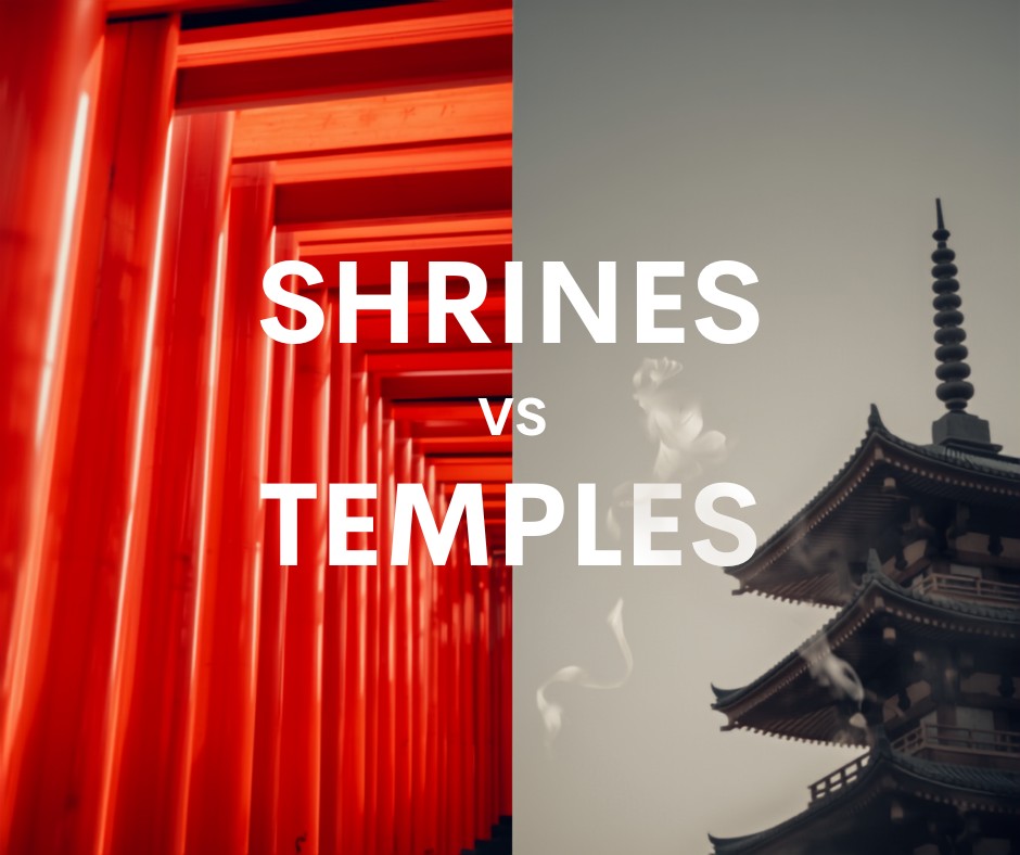 Torii gate shrine and Buddhist temple pagoda comparison Japan