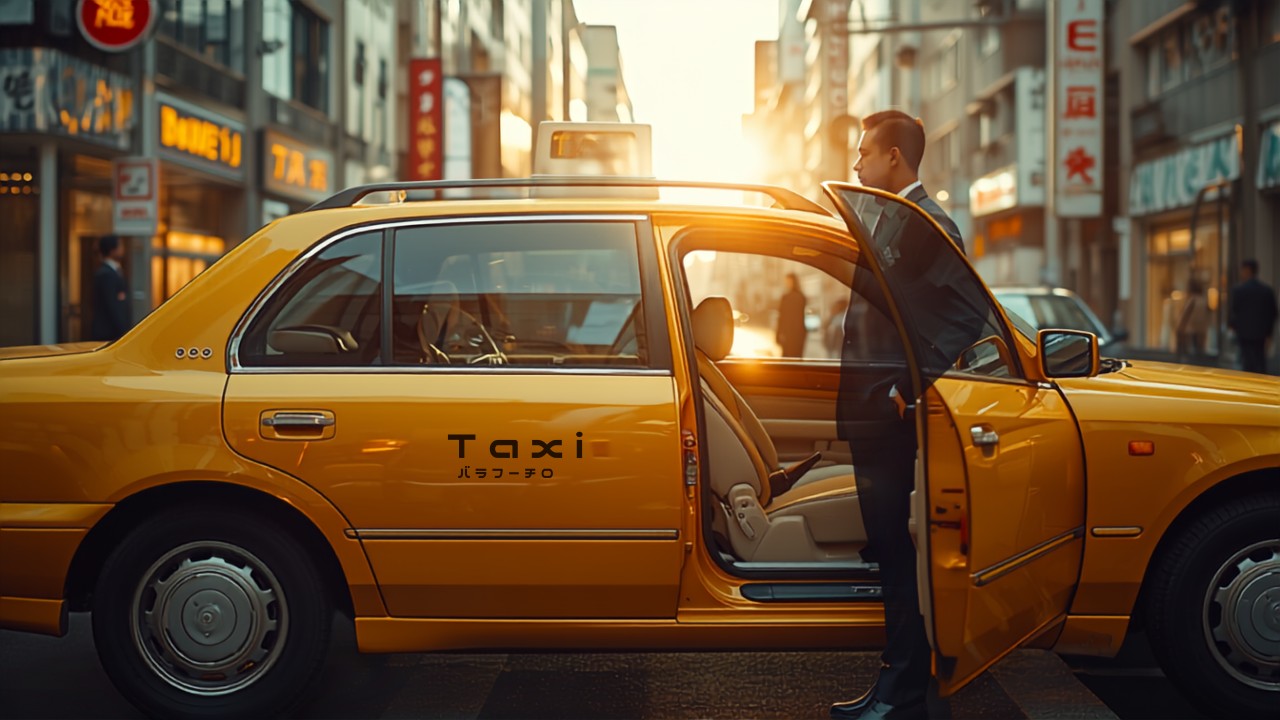 Japan taxi with automatic door open on Tokyo city street