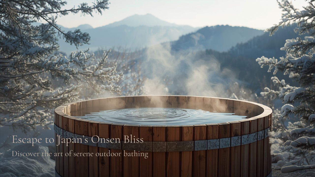Outdoor rotenburo onsen with mountain view and rising steam